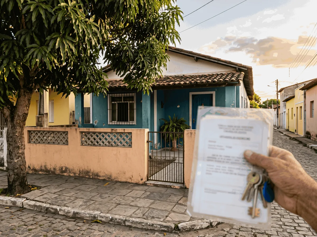 Casa térrea simples com muro baixo e mangueira, e uma mão segurando documentos do imóvel e as chaves