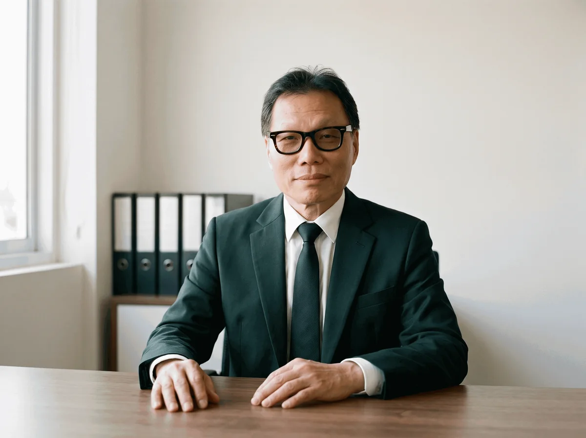 Dr. Jin (Hyon Jin Choi), advogado do Jin Advocacia, sentado à mesa do escritório