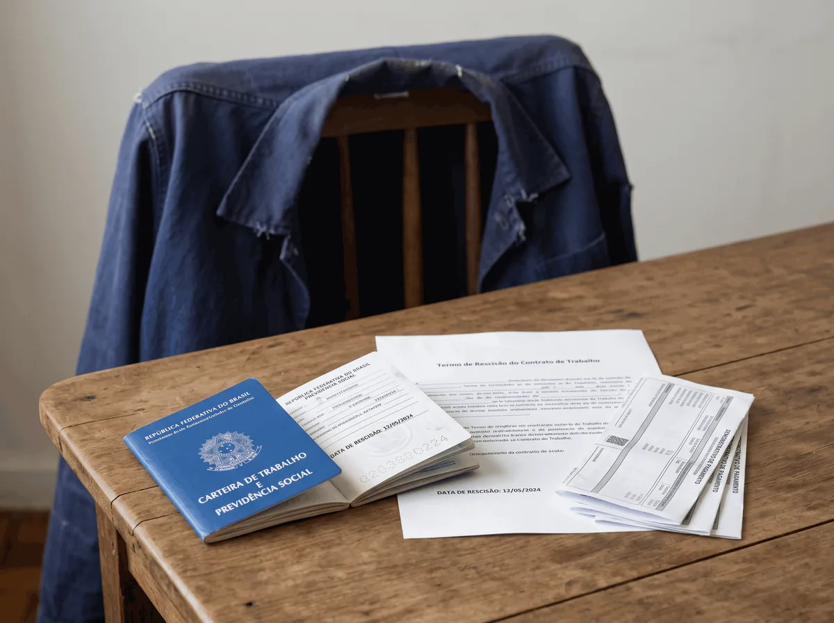 Carteira de trabalho aberta, termo de rescisão e holerites sobre a mesa, com uma jaqueta de trabalho na cadeira