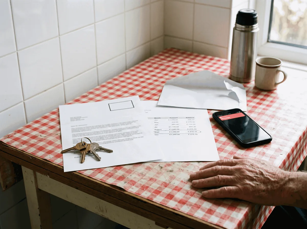 Carta, extrato com uma linha circulada, chaves de casa e celular com alerta sobre a mesa da cozinha