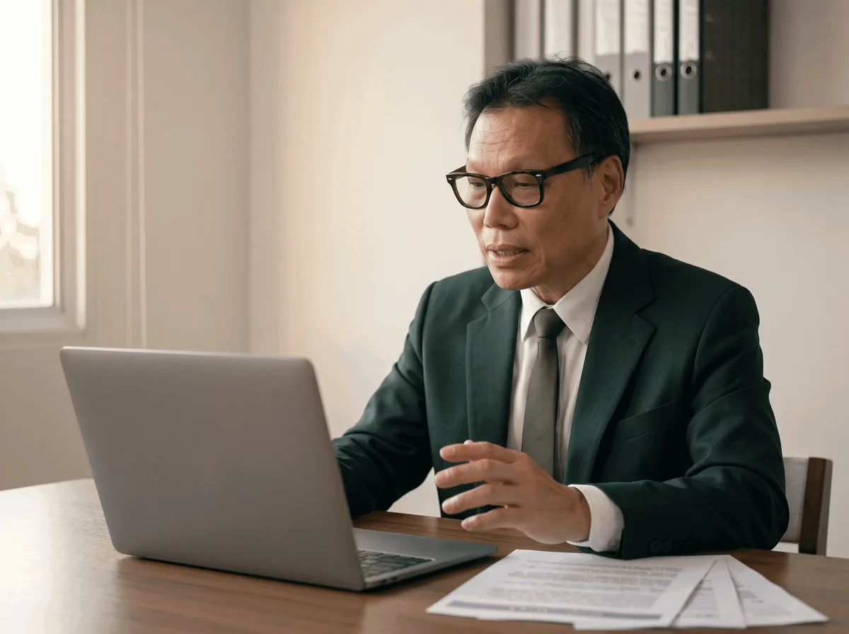 Dr. Jin (Hyon Jin Choi) atendendo um cliente por videochamada no notebook