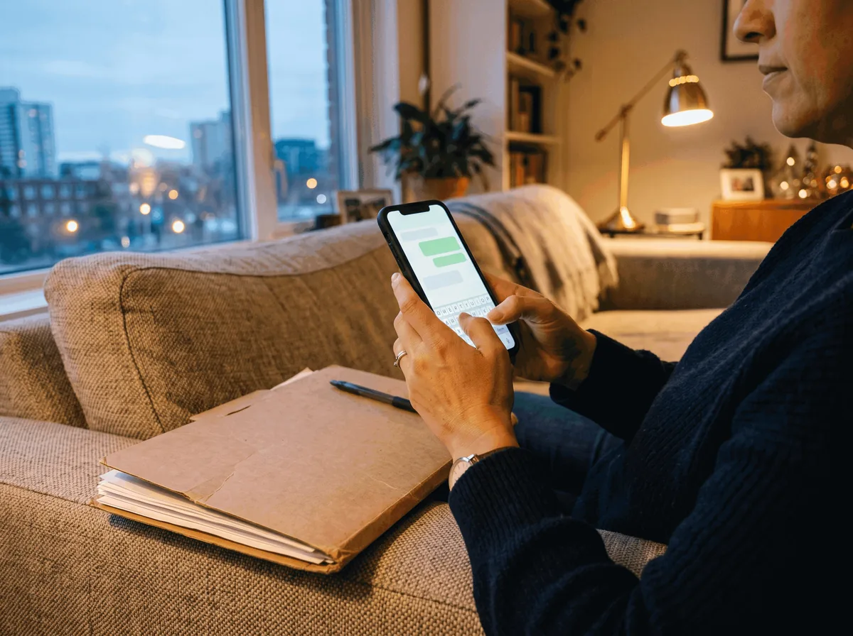 Pessoa no sofá de casa escrevendo uma mensagem no celular, com uma pasta de documentos ao lado